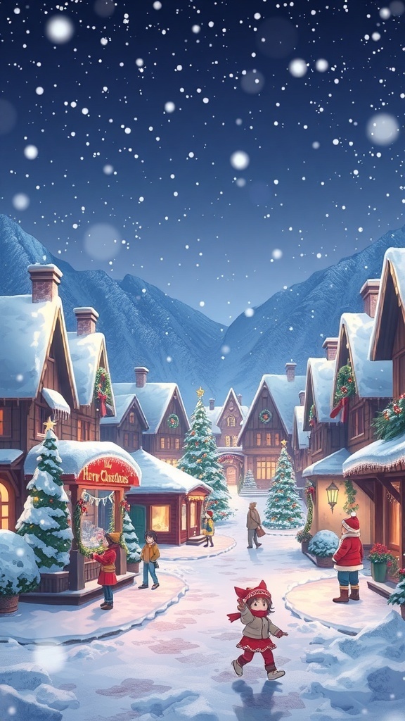 Anime Christmas background with a snowy village, decorated trees, and festive lights.